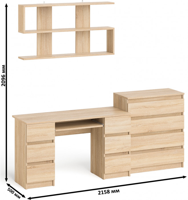 Мори компьютерный стол МС-2 + Комод МК800.4 + Полка 1200, дуб сонома