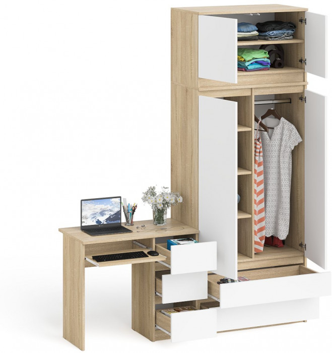 Мори компьютерный стол МС-6 правый + Шкаф МШ900.1 + Антресоль МА900.1, дуб сонома/белый