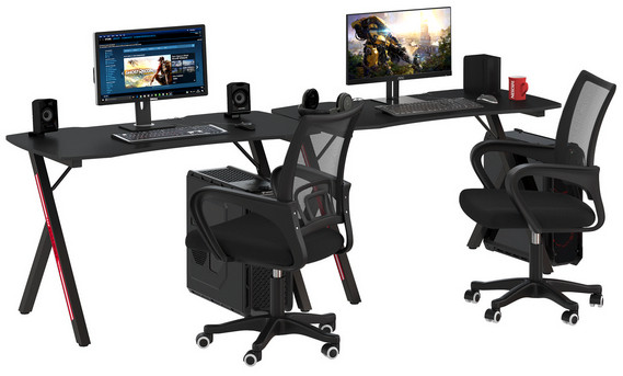Два игровых стола Мебель--24 GT-2310 + два кресла компьютерных 103 чёрных, цвет чёрный, ШхГхВ 240х60х73 + 59х56х83-94 см.