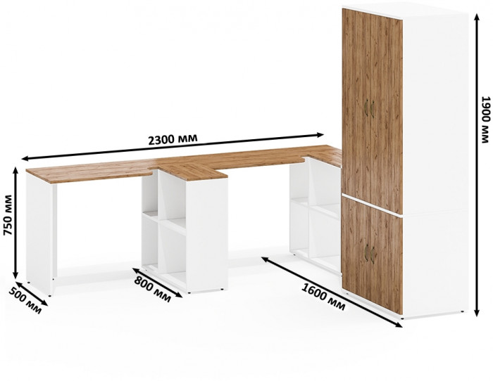 Лидер-8 Стол + Полка + Стол + Полка + Пенал МД 21Б + Тумба МД 3.19, цвет белый шагрень/крафт золото, 410х50/37,5х75/190 или 230х160/50х75/, НЕ ун. сб.