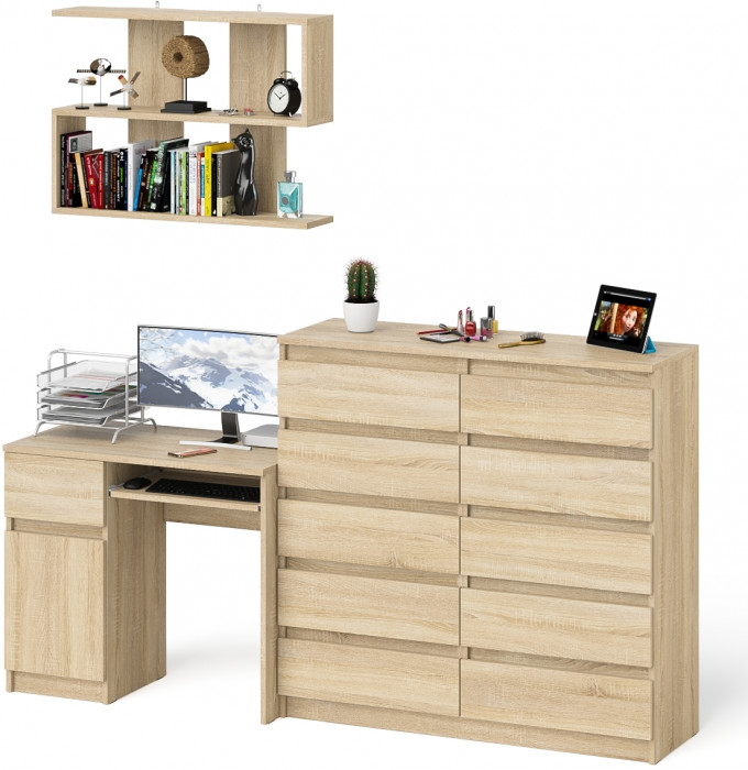 Мори Стол компьютерный МС-1 левый + Комод МК1200.10 + Полка 900, цвет дуб сонома, ШхГхВ 210,4х50х209,6 см., НЕ универсальная сборка