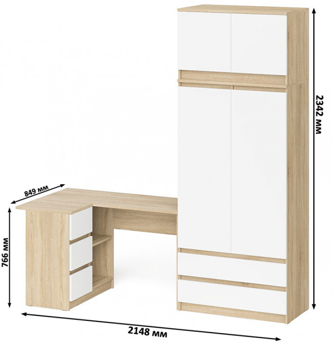 Мори Стол компьютерный МС-16 левый + Шкаф МШ900.1 + Антресоль МА900.1, цвет дуб сонома/белый, ШхГхВ 214,8х84,9х234,2 см., выд. ящ. слева, НЕ ун. сб.