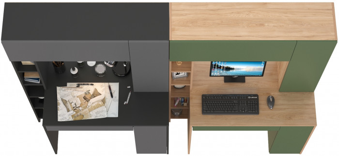 Два стола компьютерных Комфорт 12.71, цвет антрацит/тёмно-серый/гикори рокфорд натуральный/дымчатый зелёный, ШхГхВ 233,4х60,2х165,4 см., НЕ ун. сб.