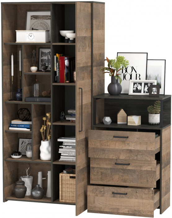 Трувор 13.206 Шкаф-стеллаж + 13.307.02 Комод с ящиками, цвет дуб гранж песочный/интра, ШхГхВ 159х37х194,2 см., универсальная сборка