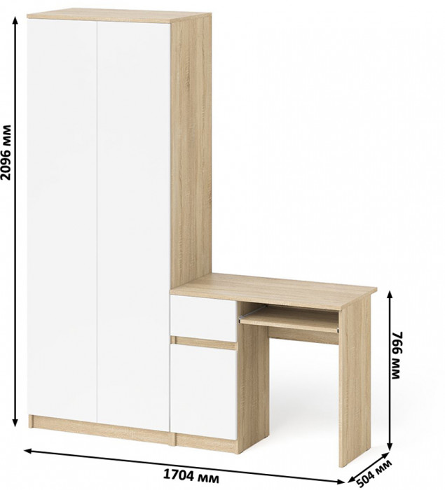 Мори компьютерный стол МС-1 левый + Шкаф МШ800.1, дуб сонома/белый