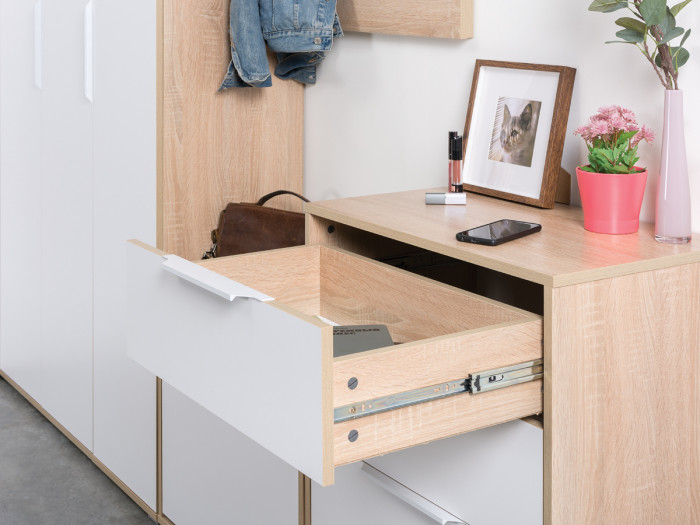 Куба Прихожая 4, обувница 13.58 + Вешалка 10.122 + обувница 13.113 + Зеркало, цвет дуб сонома/белый премиум, ШхГхВ 130х38,3х210,6 см., ун. сборка