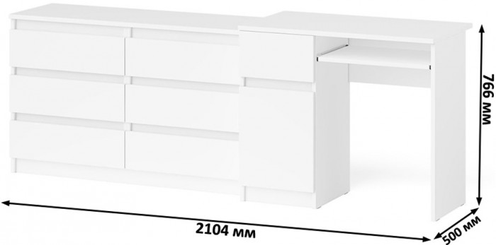 Мори Стол компьютерный МС-1 левый + Комод МК1200.6, цвет белый, ШхГхВ 210,4х50х76,6 см., выдвижной ящик слева, НЕ универсальная сборка