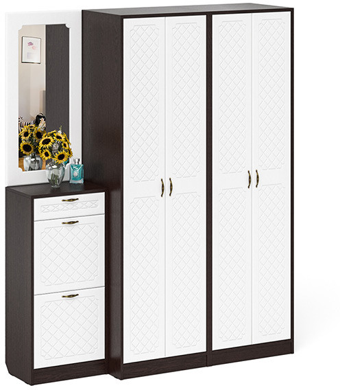 Прихожая П-6 Компоновка № 14, цвет венге/фасады МДФ белое дерево фрезеровка ромб, ШхГхВ 170х50х210 см., универсальная сборка