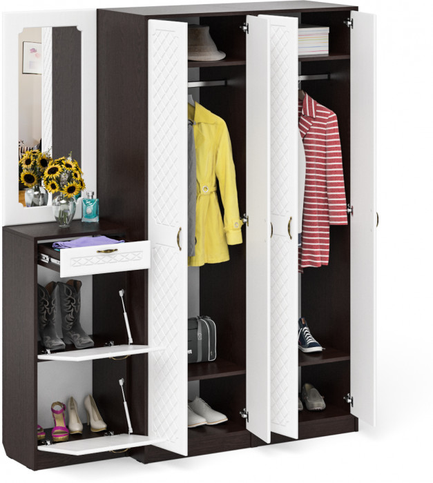 Прихожая П-6 Компоновка № 14, цвет венге/фасады МДФ белое дерево фрезеровка ромб, ШхГхВ 170х50х210 см., универсальная сборка