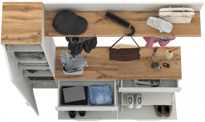 Октава Прихожая 34, цвет белый шагрень/дуб крафт золотой/фасады МДФ белый шагрень, ШхГхВ 162х35,4х197,6 см., универсальная сборка