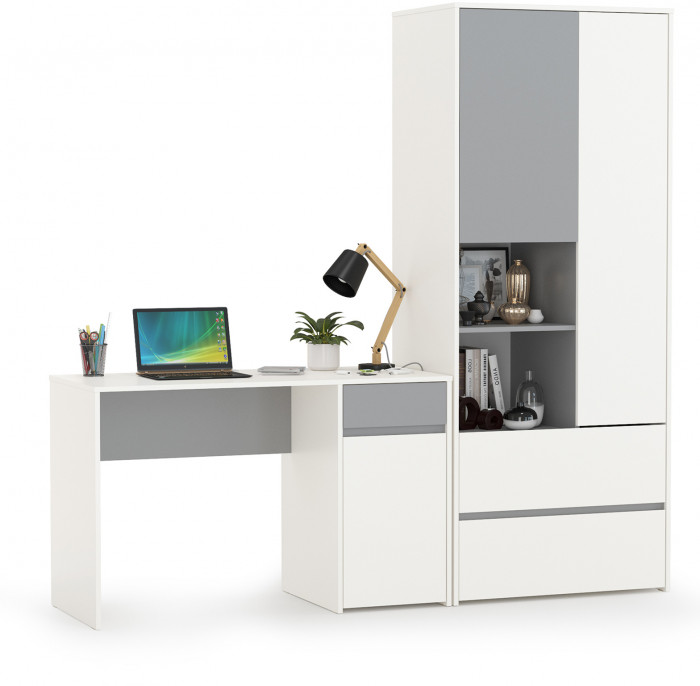 Торонто 12.149 Стол + 13.333 Шкаф для одежды, белый шагрень/стальной серый