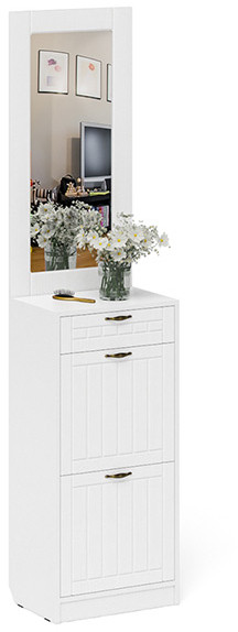 Прихожая П-6 Тумба для обуви 2 секции + Зеркало, цвет белая шагрень/фасады МДФ белое дерево фрезеровка прованс, ШхГхВ 50х35х210 см.