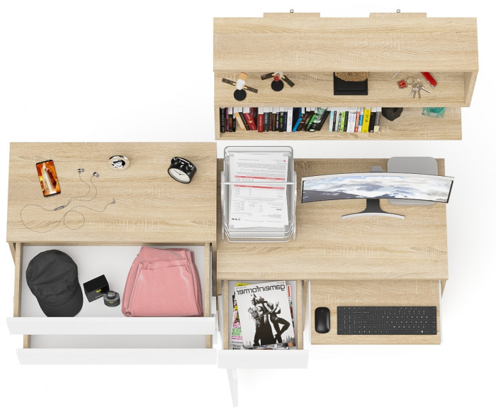 Мори компьютерный стол МС-1 левый + Комод МК800.4 + Полка 900, дуб сонома/белый