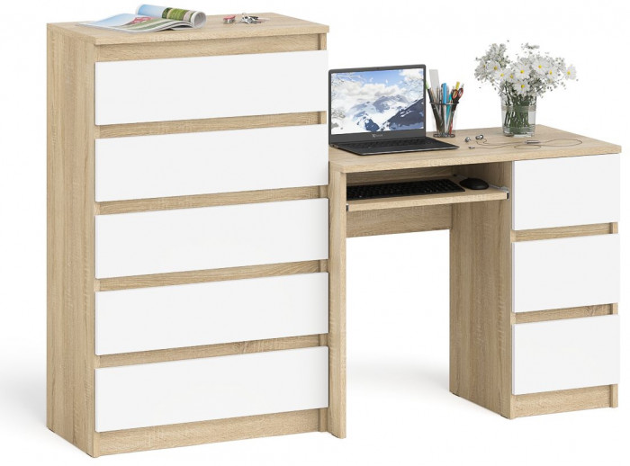 Мори компьютерный стол МС-6 правый + Комод МК700.5, дуб сонома/белый