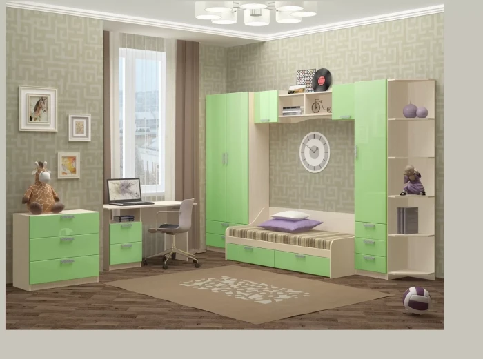 Модульная детская Юниор-7 МДФ (композиция 2) (Ясень шимо светлый, Салатовый)