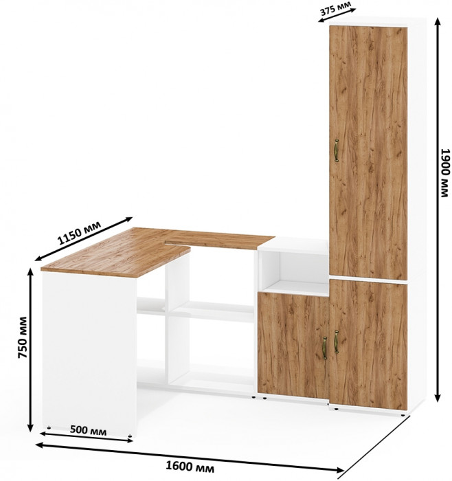 Лидер-8 Стол + Тумба МД 3.19 + Пенал МД 21Б, цвет белый шагрень/крафт золото, ШхГхВ 245х50/37,5х75/190 или 115х160/50х75/190 см., НЕ ун. сборка