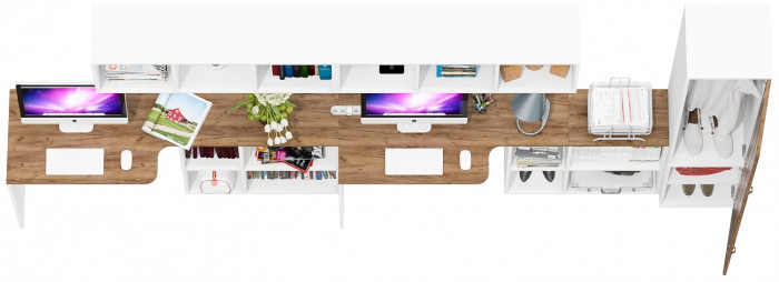 Лидер-8 Стол + Полка + Стол + Полка + Пенал МД 21Б, цвет белый шагрень/крафт золото, ШхГхВ 370х50/37,5х75/190 или 230х50/120х75/190 см., НЕ ун. сборка