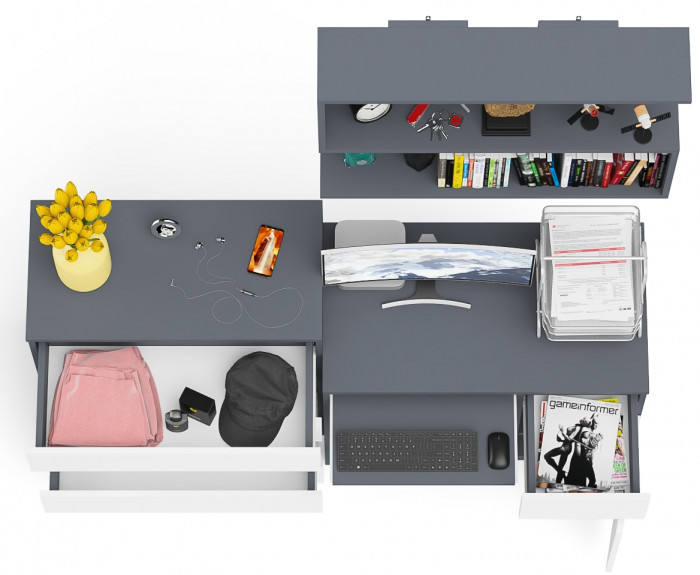 Мори компьютерный стол МС-1 правый + Комод МК800.4 + Полка 900, графит/белый