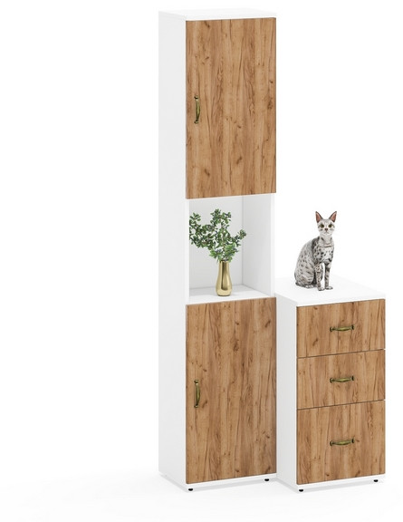 Лидер-8 Пенал + Тумба МД 3.16, цвет белый шагрень/крафт золото, ШхГхВ 80х50х190 см., универсальная сборка