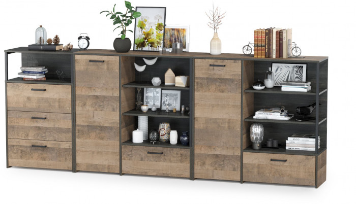 Трувор 13.307.01 Комод + 13.307.02 Комод с ящиками + 13.307.01 Комод, дуб гранж песочный/интра