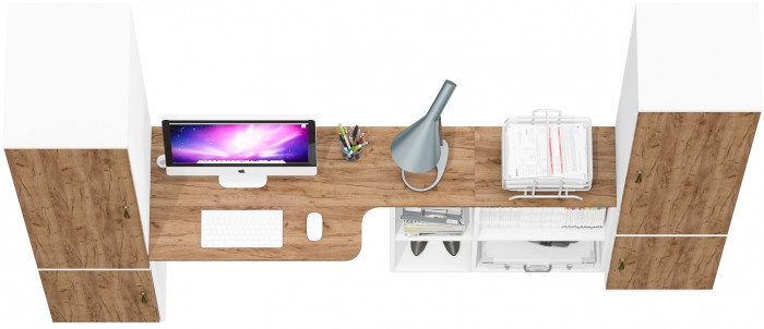 Лидер-8 Пенал МД 23Б + Стол + Пенал 21Б, цвет белый шагрень/крафт золото, ШхГхВ 245х50/37,5х75/190 или 155х120/50х75/190 см., НЕ универсальная сборка