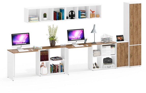 Лидер-8 Стол + Полка + Стол + Полка + Пенал МД 22Б + Тумба МД 3.15, цвет белый шагрень/крафт золото, 410х50х75/190 или 230х160/50х75/190, НЕ ун. сб.