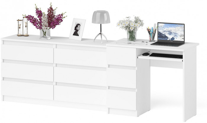 Мори Стол компьютерный МС-6 левый + Комод МК1380.6, цвет белый, ШхГхВ 228х50х76,6 см., выдвижные ящики слева, НЕ универсальная сборка