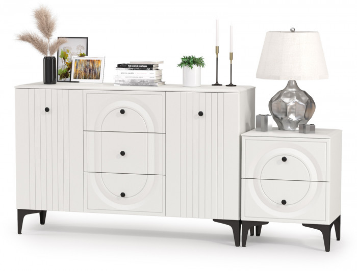 Валенсия Спальня 13.309 Комод + 13.291 Тумба прикроватная, цвет ЛДСП белый шагрень/МДФ белый шагрень, ШхГхВ 182,4х38,4х87,5 см.