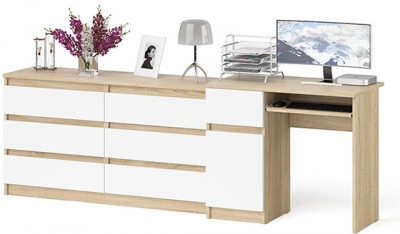 Мори компьютерный стол МС-1 левый + Комод МК1380.6, дуб сонома/белый