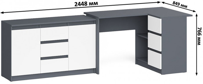 Мори компьютерный стол МС-16 правый + Комод МК1200.3, графит/белый