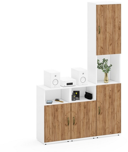 Лидер-8 Пенал + Тумба МД 3.19 + Тумба МД 3.19, цвет белый шагрень/крафт золото, ШхГхВ 120х30х190 см., универсальная сборка