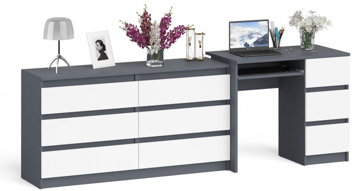 Мори Стол компьютерный МС-6 правый + Комод МК1380.6, цвет графит/белый, ШхГхВ 228х50х76,6 см., выдвижные ящики справа, НЕ универсальная сборка