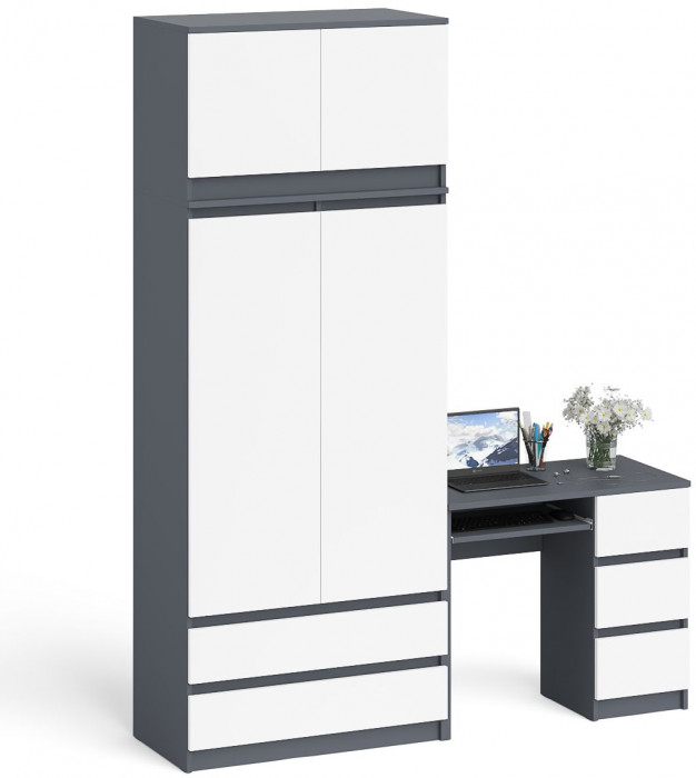 Мори Стол компьютерный МС-6 правый + Шкаф МШ900.1 + Антресоль МА900.1, цвет графит/белый, ШхГхВ 180,4х50,4х234,2 см., выдвиж. ящики справа, НЕ ун. сб.