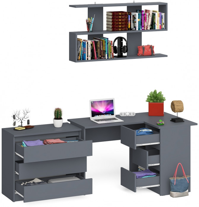Мори компьютерный стол МС-16 правый + Комод МК800.1 + Полка 1200, графит