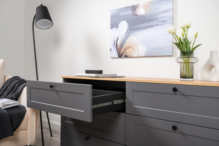 Остин 11.53 Кровать + ортопед + 16.240 Комод + 16.47 Тумба под ТВ, серый графит/дуб крафт золотой