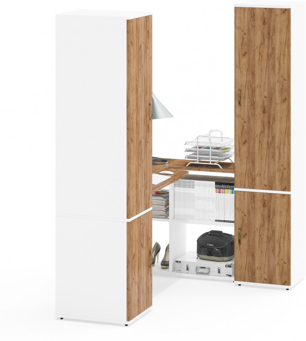 Лидер-8 Пенал МД 23Б + Стол + Пенал 22Б, цвет белый шагрень/крафт золото, ШхГхВ 245х50/37,5х75/190 или 155х120/50х75/190 см., НЕ универсальная сборка