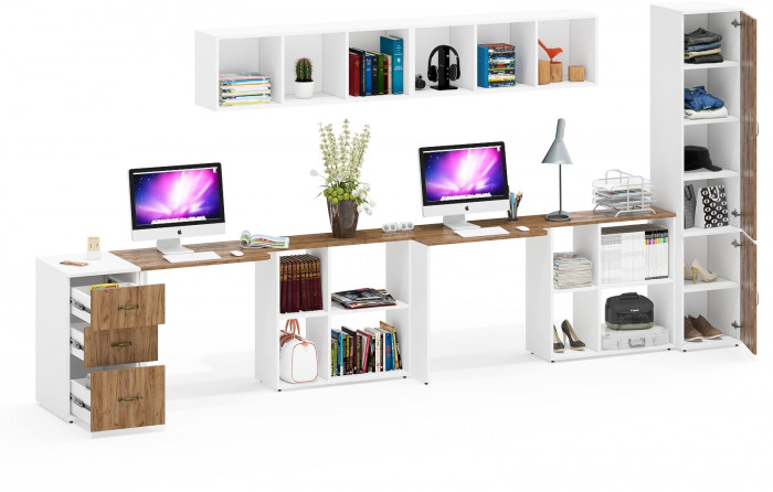 Лидер-8 Стол + Полка + Стол + Полка + Пенал МД 22Б + Тумба МД 3.16, цвет белый шагрень/крафт золото, 410х50х75/190 или 270х120/50х75/190, НЕ ун. сб.