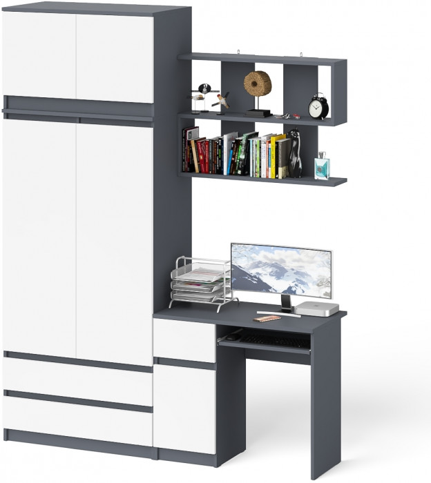 Мори компьютерный стол МС-1 левый + Шкаф МШ900.1 + Антресоль МА900.1 + Полка 900, графит/белый