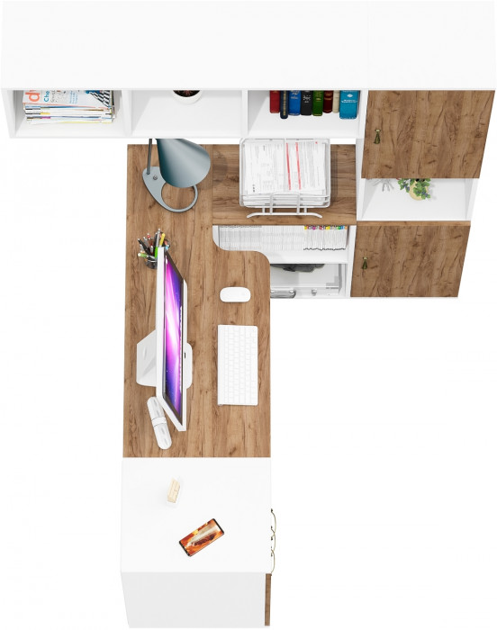 Лидер-8 Стол + Полка + Тумба МД 3.16 + Пенал, цвет белый шагрень/крафт золото, ШхГхВ 245х50/30х75/190 или 120х155/30х75/190 см., НЕ универс. сб.