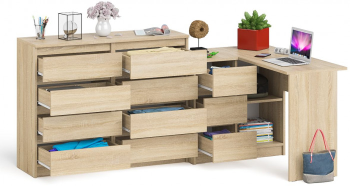 Мори Стол компьютерный МС-16 левый + Комод МК1200.8, цвет дуб сонома, ШхГхВ 244,8х84,9х94 см., выдвижные ящики слева, НЕ универсальная сборка