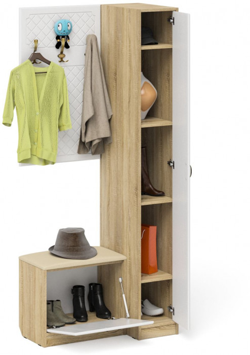 Прихожая П-6 Компоновка № 41, цвет дуб сонома/фасады МДФ белое дерево фрезеровка ромб, ШхГхВ 90х50х210 см., универсальная сборка