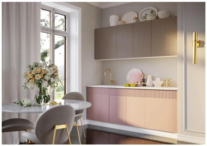 Кухня МДФ Оливия 2000 (Шарли Пинк/Шарли Мокко, Белый)