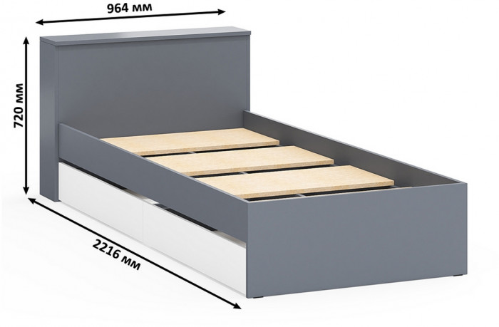 Ксения Кровать с ящиками 0900 + Стол косметический с подсветкой 110, графит/белый