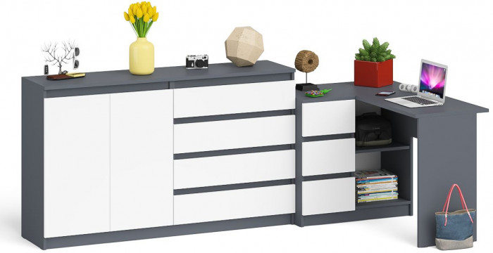 Мори компьютерный стол МС-16 левый + Комод МК1600.1, графит/белый