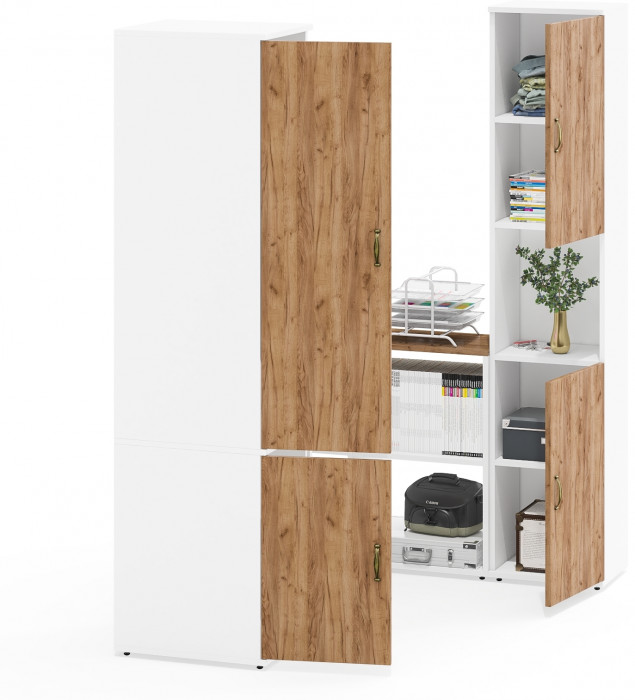 Лидер-8 Пенал МД 23Б + Стол + Пенал, цвет белый шагрень/крафт золото, ШхГхВ 245х50/30х75/190 или 155х120/50х75/190 см., НЕ универсальная сборка