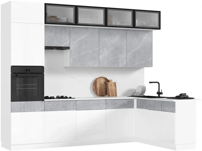 Кухня Оливия NEW 3,0х1,8м Белый глянец холодный/мрамор глянец