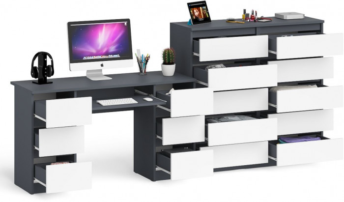 Мори Стол компьютерный МС-2 + Комод МК1200.10, цвет графит/белый, ШхГхВ 255,8х50х115 см., универсальная сборка