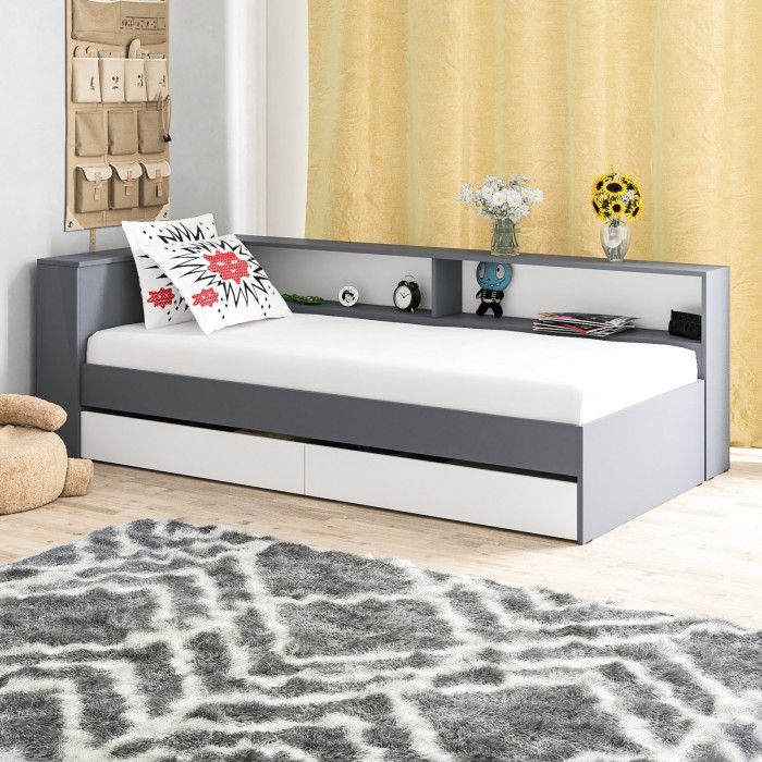 Ксения Кровать с ящиками 0900 + прикроватный блок, графит/белый