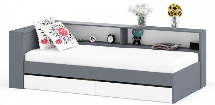 Ксения Кровать с ящиками 0900 + прикроватный блок, графит/белый