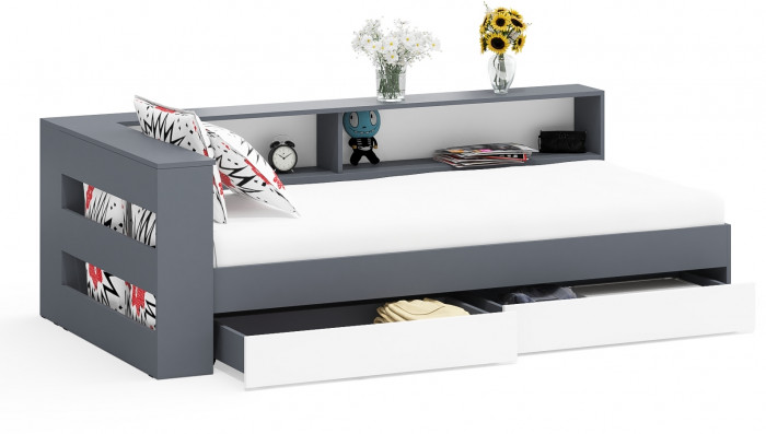 Ксения Кровать с ящиками 0900 + прикроватный блок, графит/белый